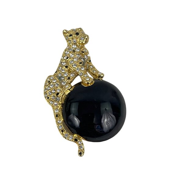 Gold Leopard Brooch Pin With Black Onyx and  Rhinestone Accents - Picture 6 of 8
